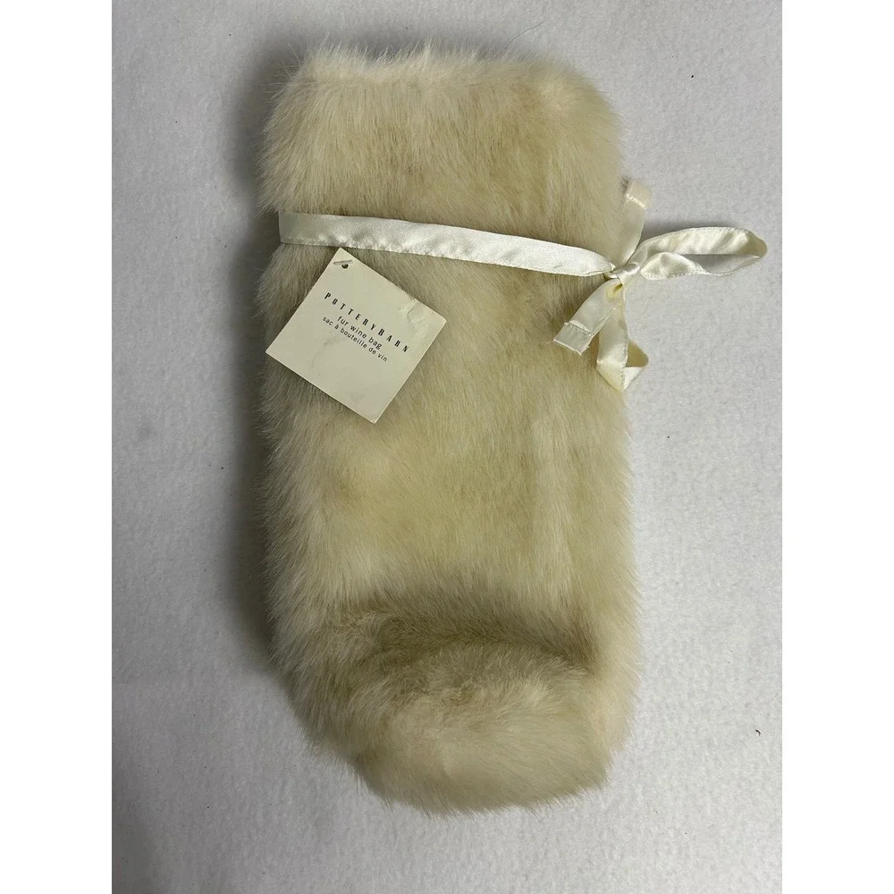 Luxury Glam Pottery Barn Ivory Faux Fur Wine Bottle Gift Bag Ribbon